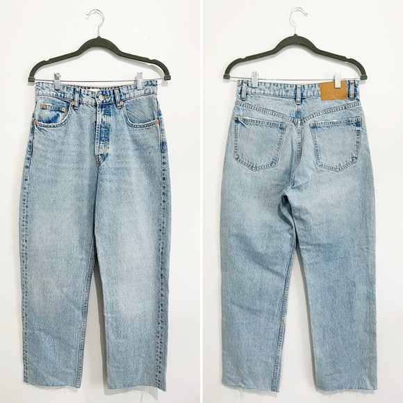 Zara High Rise Light Wash Mother Style Jeans Raw Hem Denim Button Women’s Size 6 - Picture 6 of 14